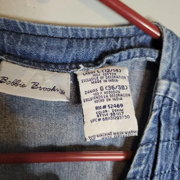 90s Bobbie Brooks Denim Floral Embroidered Vest Lagenlook Cottagecore Size L - Picture 5 of 12